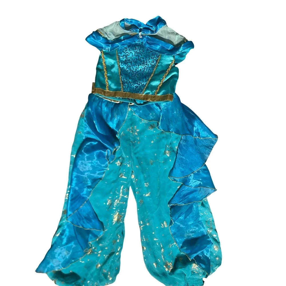 Disney Princess Jasmine Costume Girls 7/8 Teal Blue Gold Sequin 2 Piece Outfit